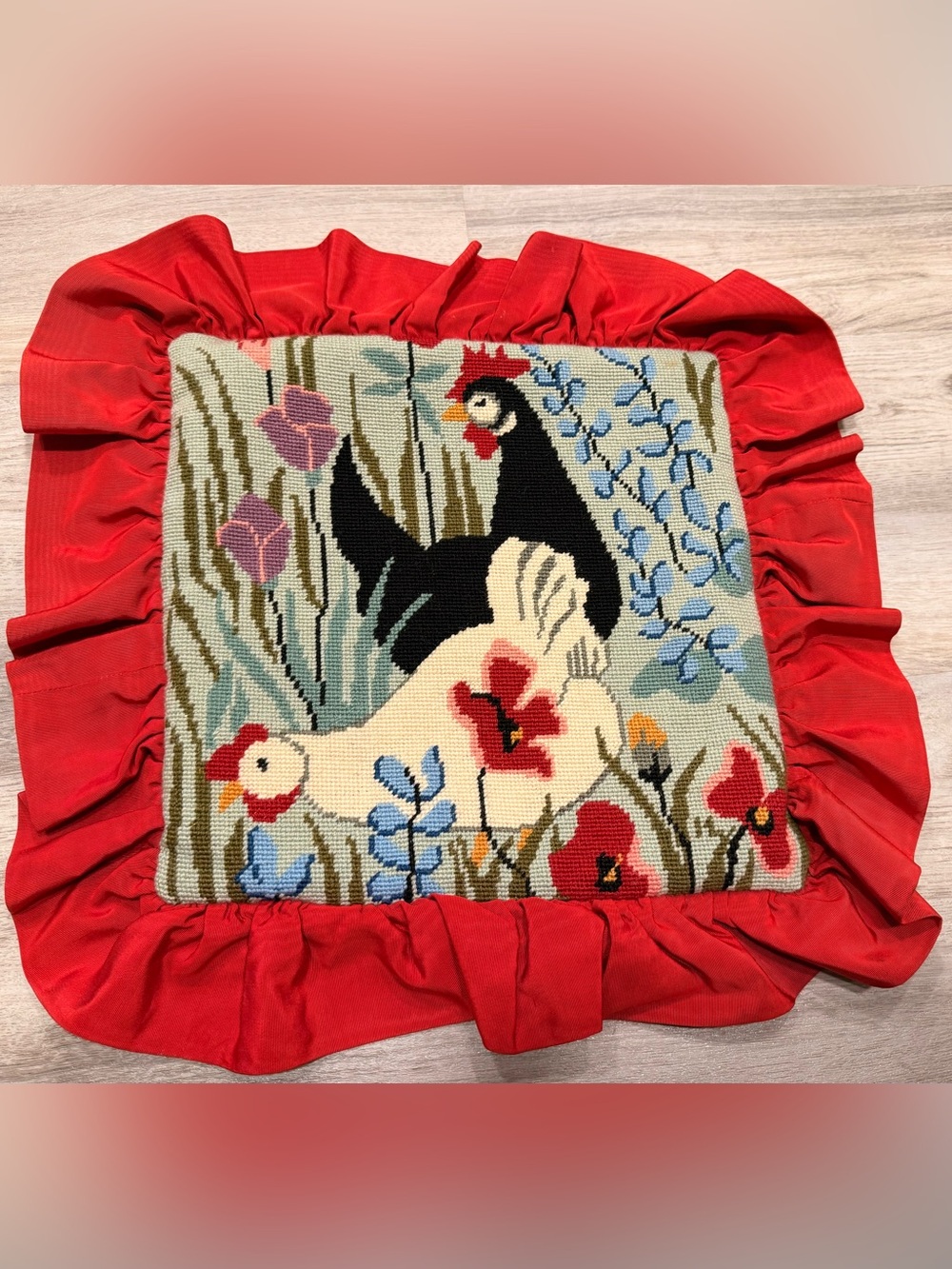 Vintage Rare FW Crafts Persian Wool Needlepoint Rooster & Hen Design Pillow